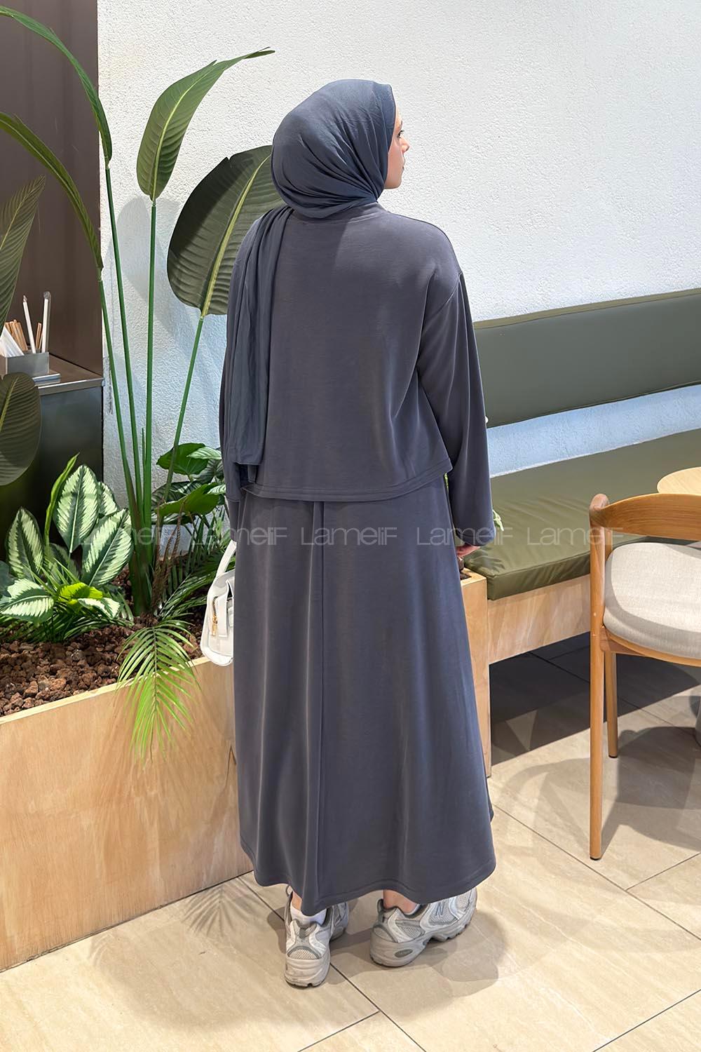 Anthracite Crew Neck Long Arm With Zipper Pleated Suit