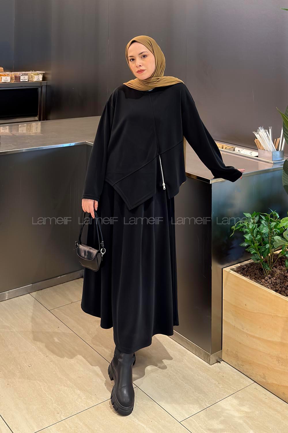Black Crew Neck Long Arm With Zipper Pleated Suit