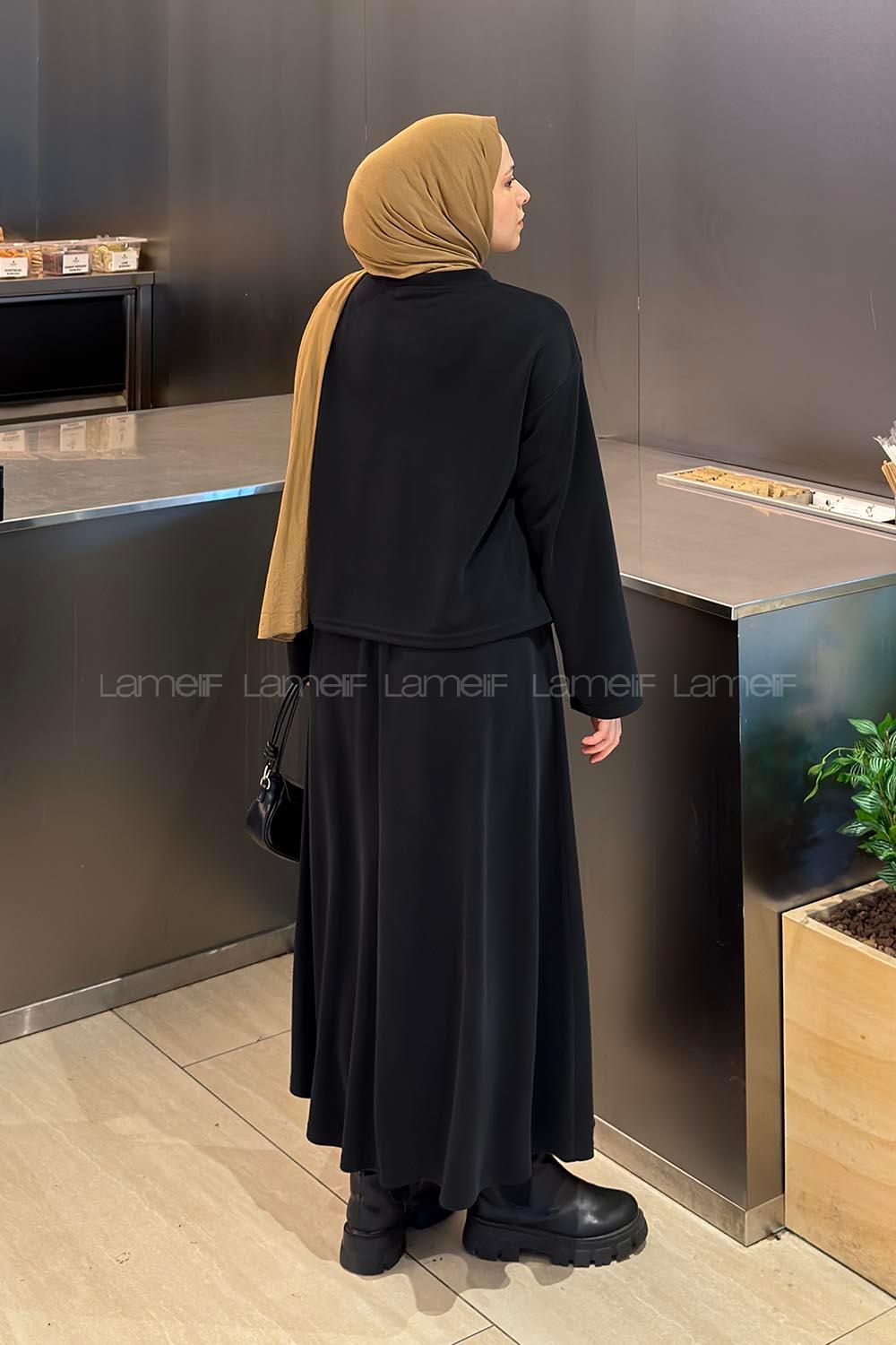 Black Crew Neck Long Arm With Zipper Pleated Suit