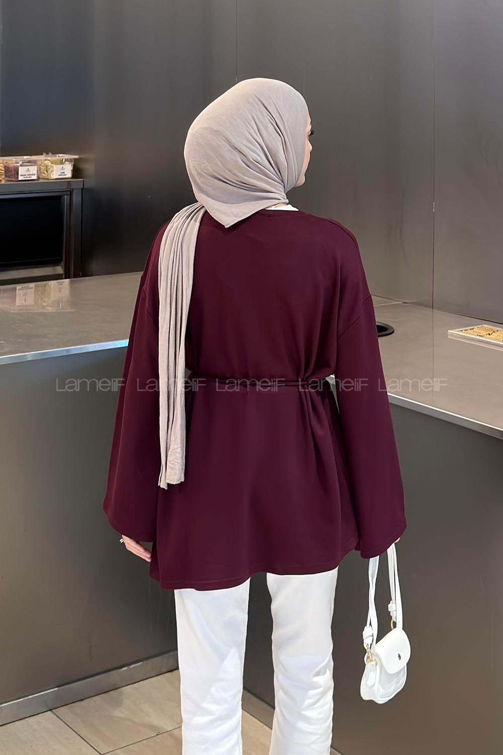 Lamelif Kol Arma Detaylı Belden Bağlamalı Tunik Bordo