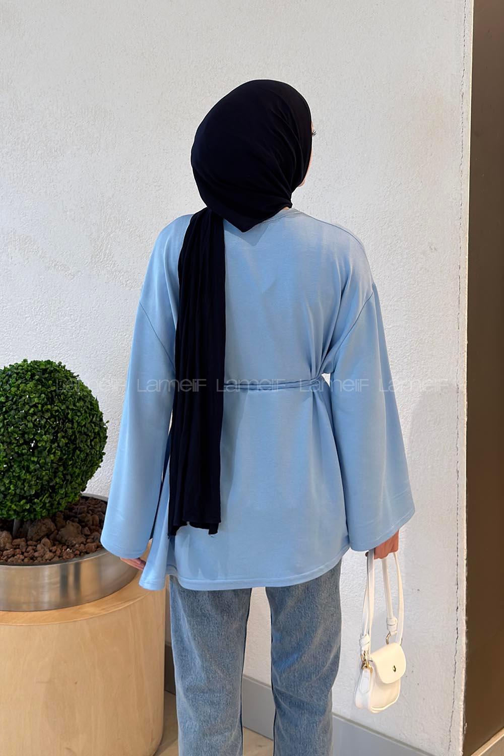 Lamelif Kol Arma Detaylı Belden Bağlamalı Tunik Mavi