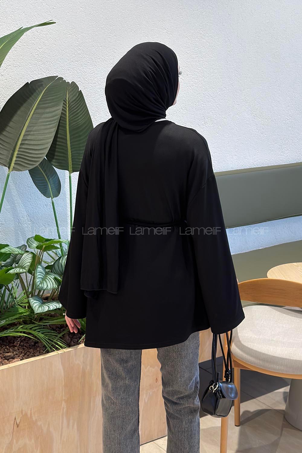 Lamelif Kol Arma Detaylı Belden Bağlamalı Tunik Siyah