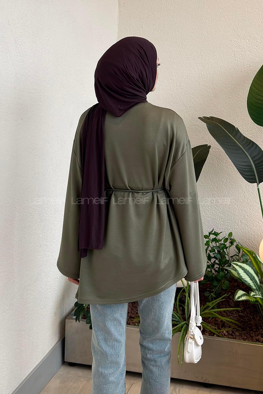Lamelif Kol Arma Detaylı Belden Bağlamalı Tunik Yeşil