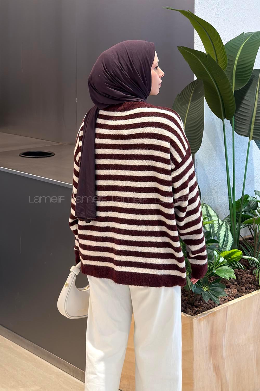 Lamelif V yaka Çizgili Yumoş Hırka Bordo