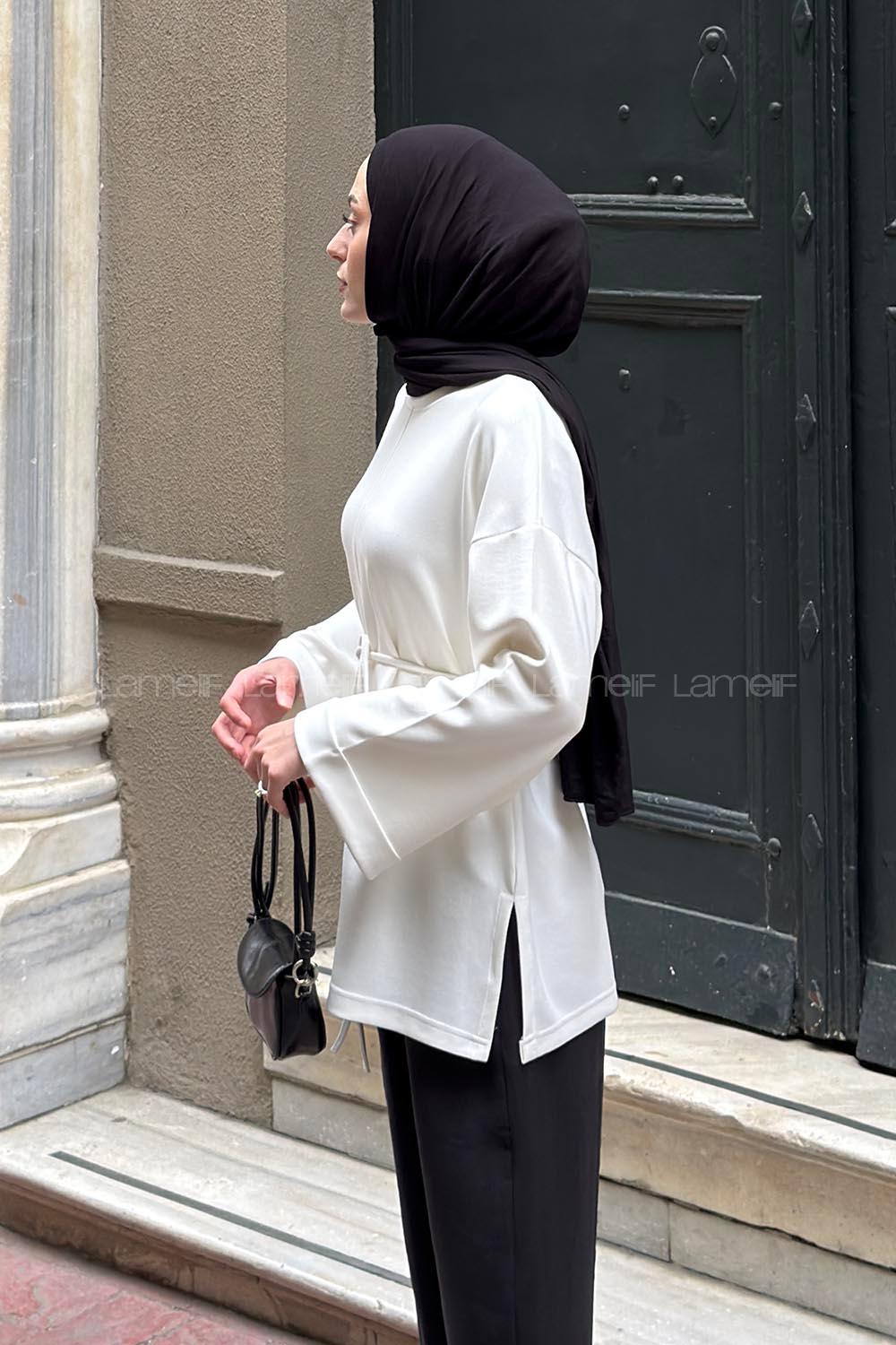 Lamelif Bağlama Detaylı Kol Katlı Oysho Tunik Beyaz