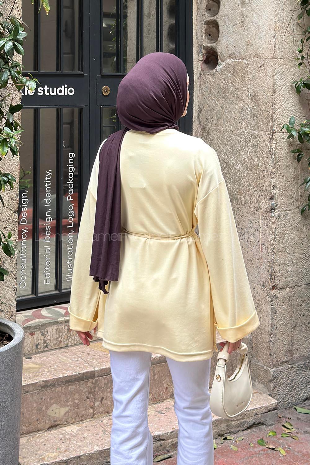 Lamelif Bağlama Detaylı Kol Katlı Oysho Tunik Soft Sarı