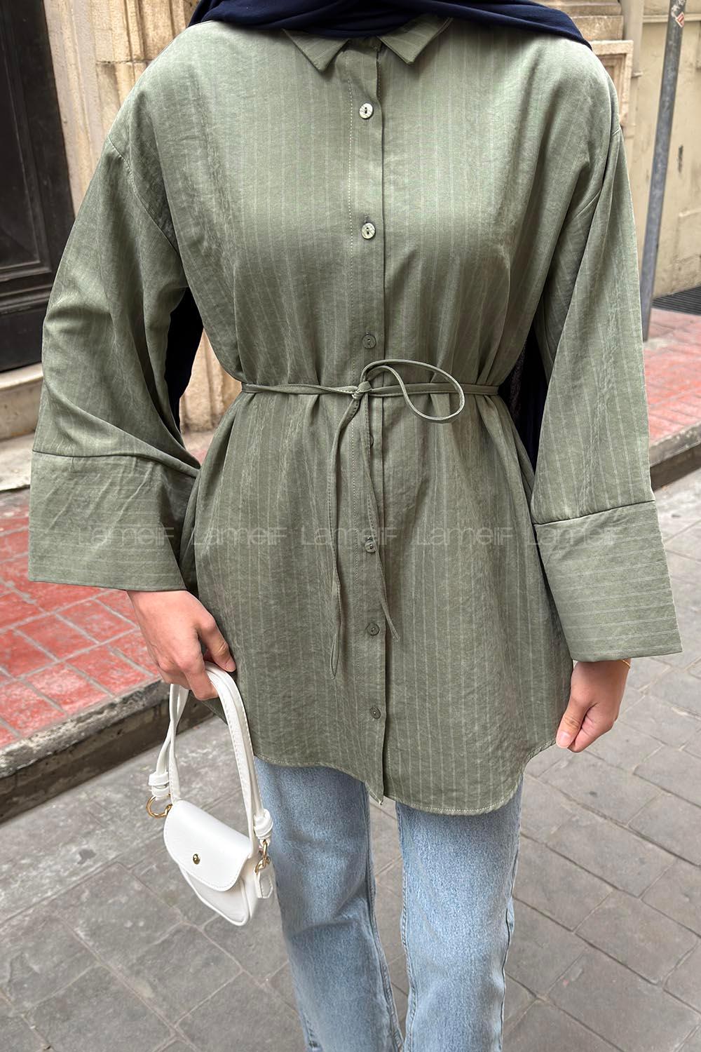 Green Shirt Collar Long Arm Printed Shirt