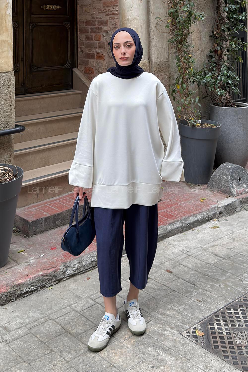 Lamelif Bisiklet Yaka Kolları Ve Etek Ucu Yırtmaçlı Tunik Beyaz