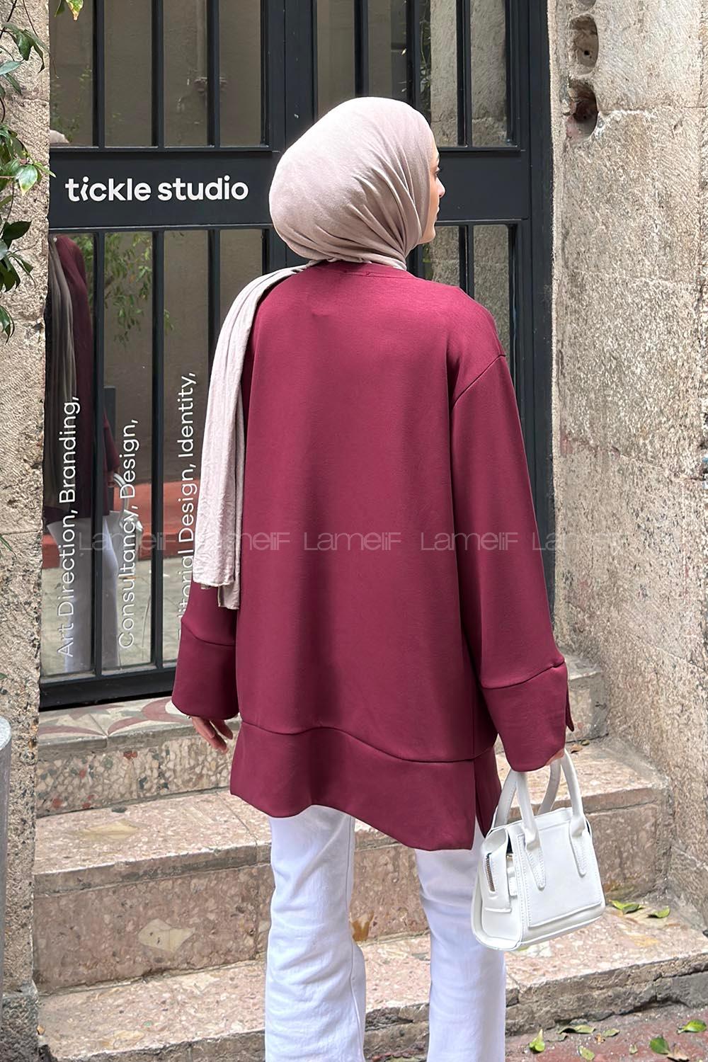 Lamelif Bisiklet Yaka Kolları Ve Etek Ucu Yırtmaçlı Tunik Bordo