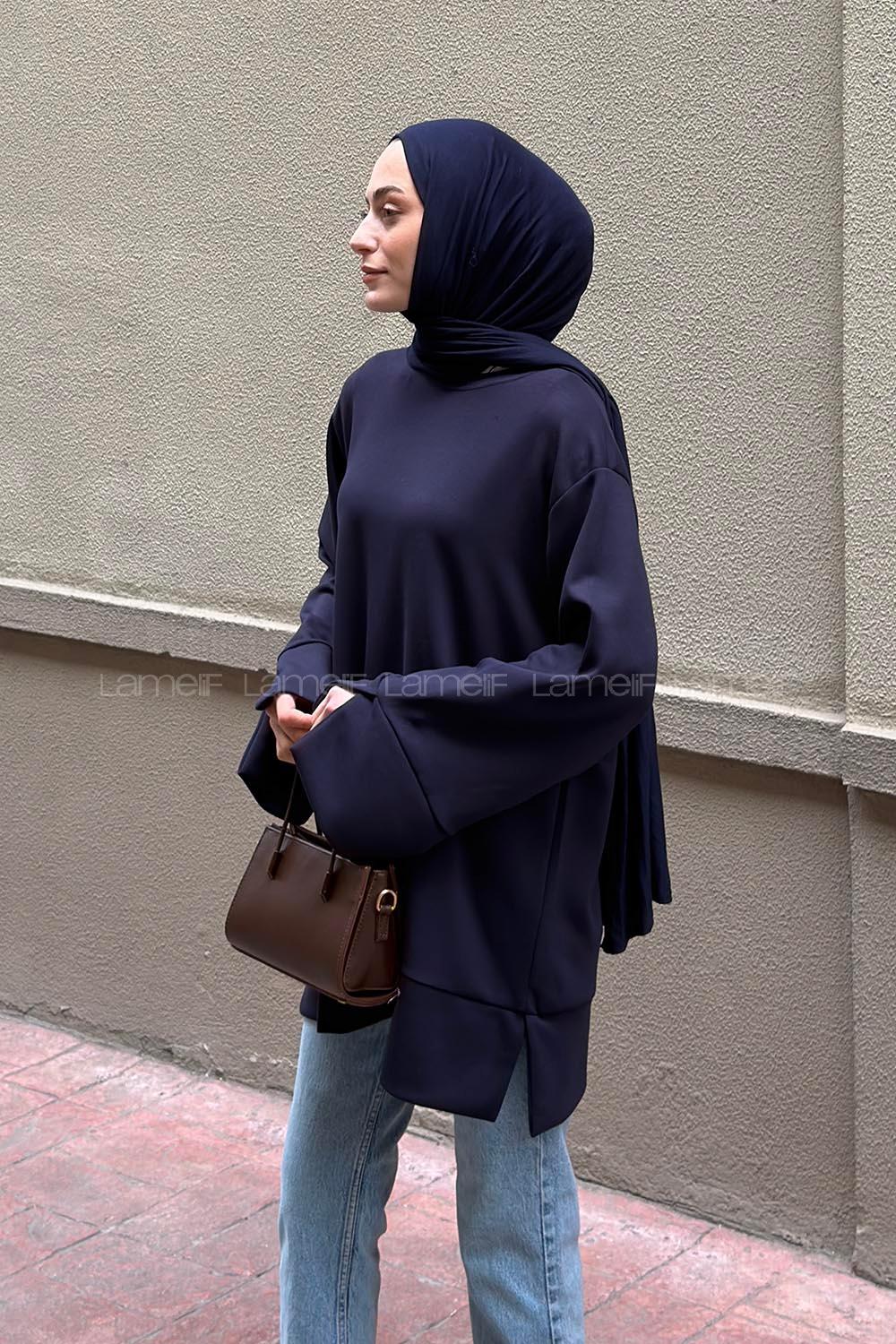 Lamelif Bisiklet Yaka Kolları Ve Etek Ucu Yırtmaçlı Tunik Lacivert