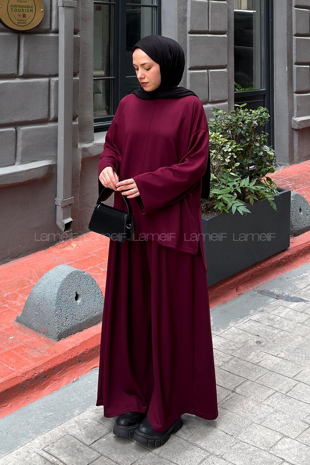 Lamelif Bisiklet Yaka Oysho Kumaş İkili Takım Bordo