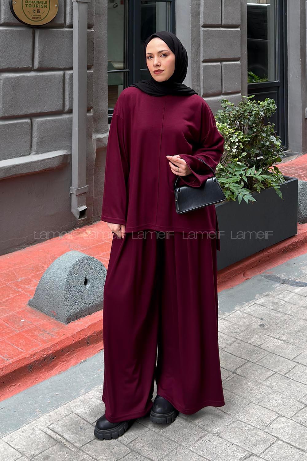 Lamelif Bisiklet Yaka Oysho Kumaş İkili Takım Bordo