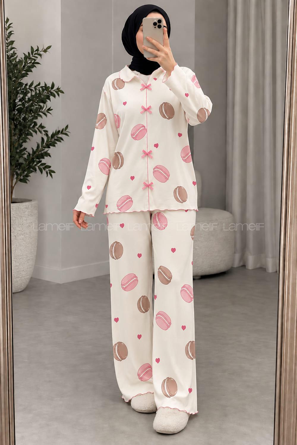 Lamelif Bisküvi Desenli Fiyonk Detaylı Pijama Takımı