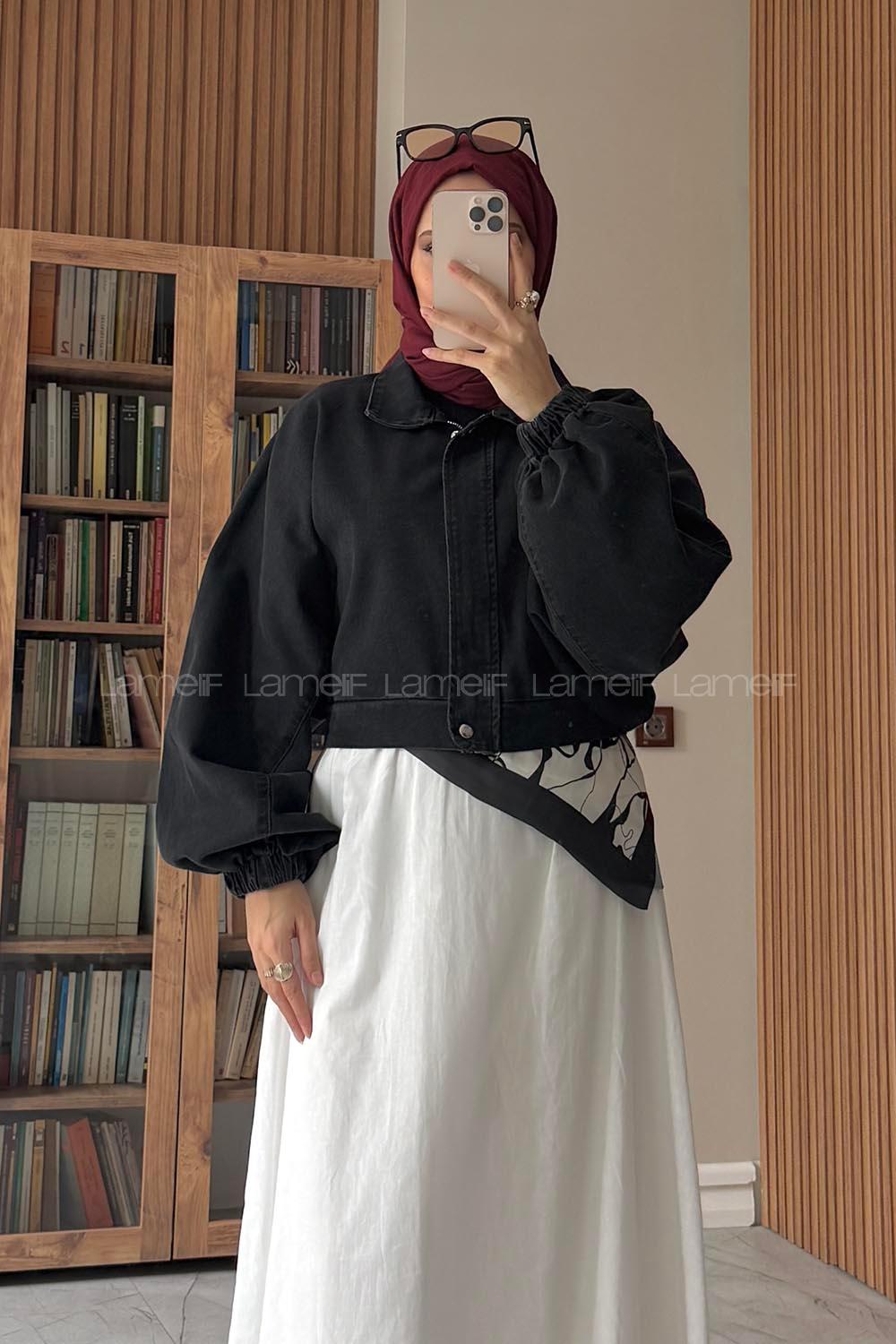 Lamelif Bomber Kısa Kot Ceket Siyah