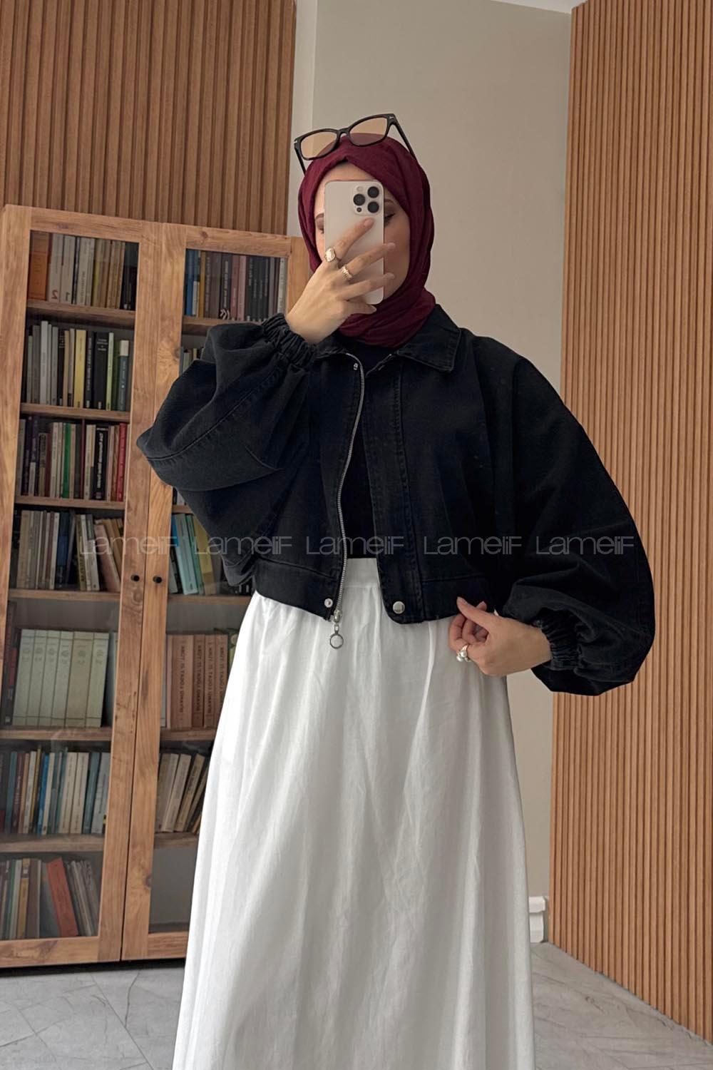 Lamelif Bomber Kısa Kot Ceket Siyah