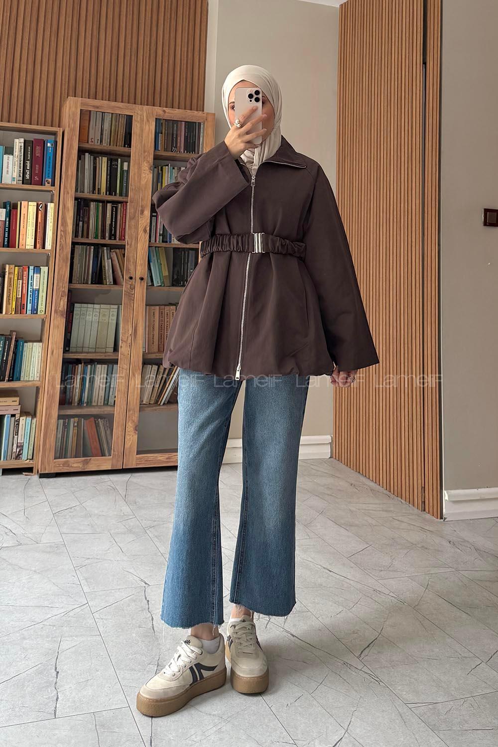 Lamelif Fermuar Kapama Kemerli Ceket Kahverengi
