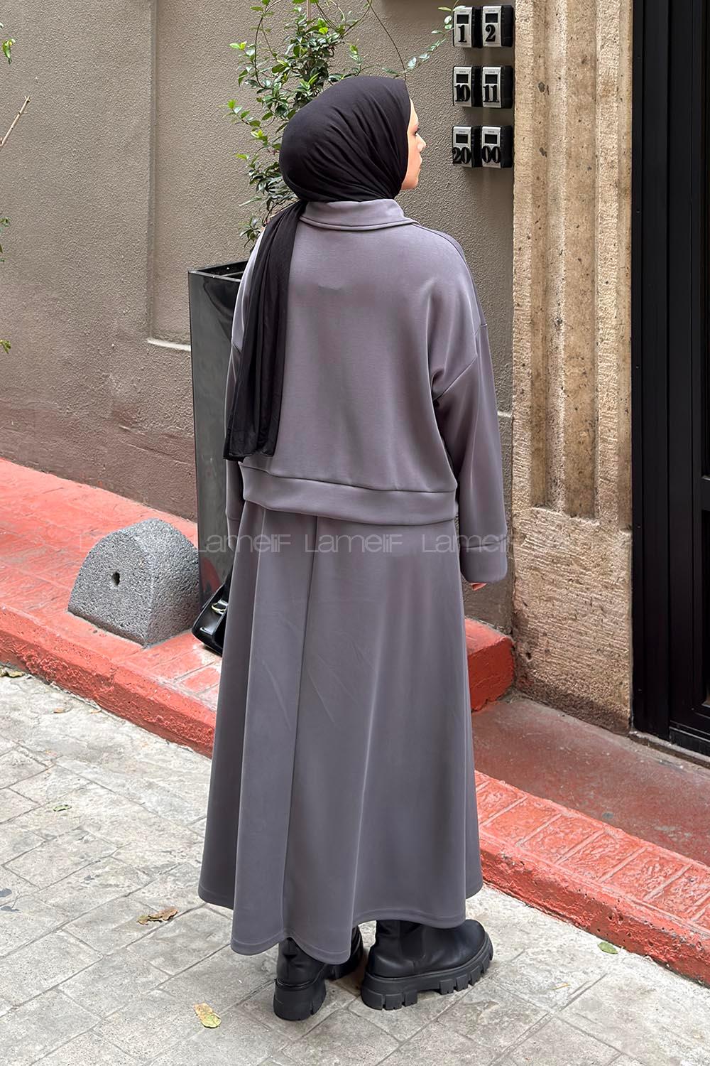 Anthracite Zippered Neck Long Arm With Zipper Pleated Suit