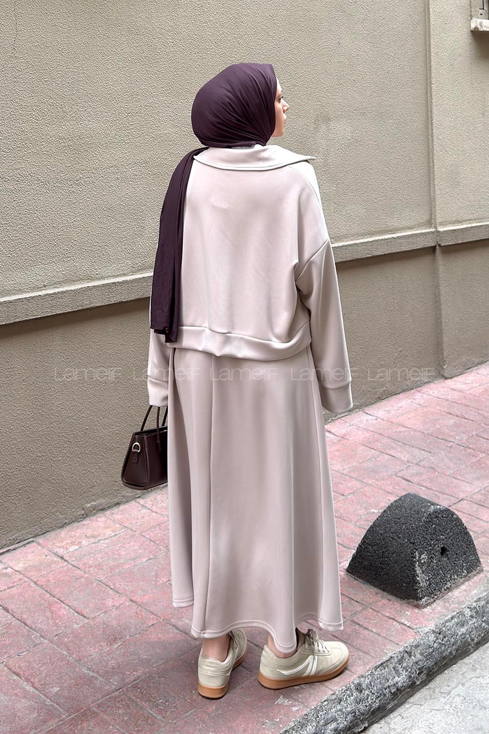 Beige Zippered Neck Long Arm With Zipper Pleated Suit