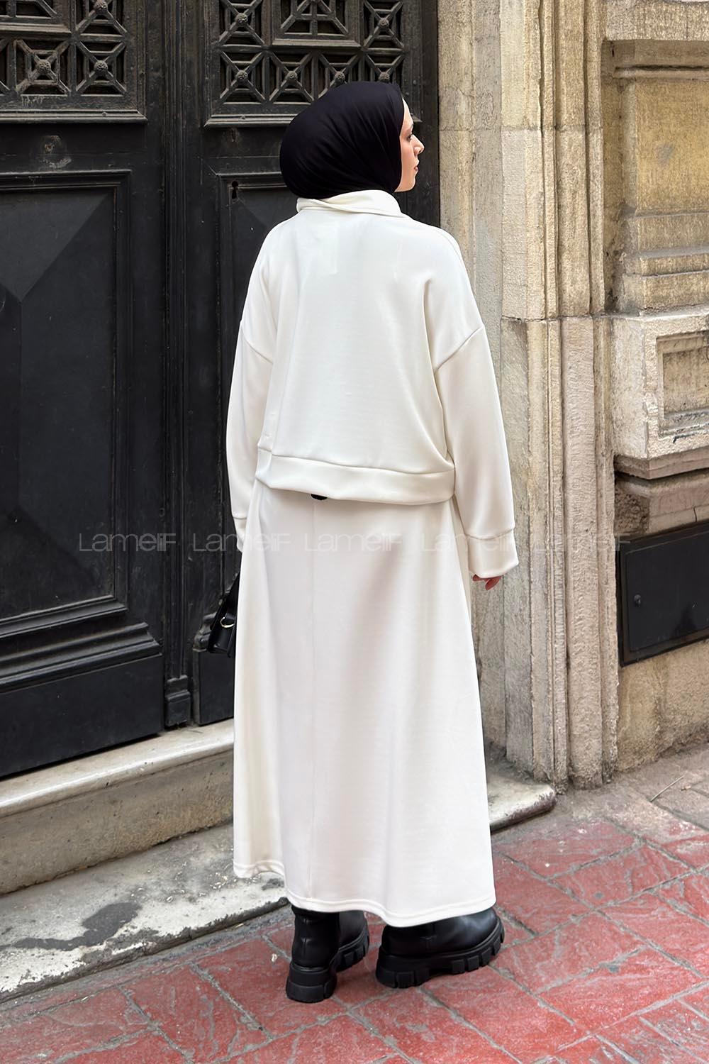 Ecru Zippered Neck Long Arm With Zipper Pleated Suit