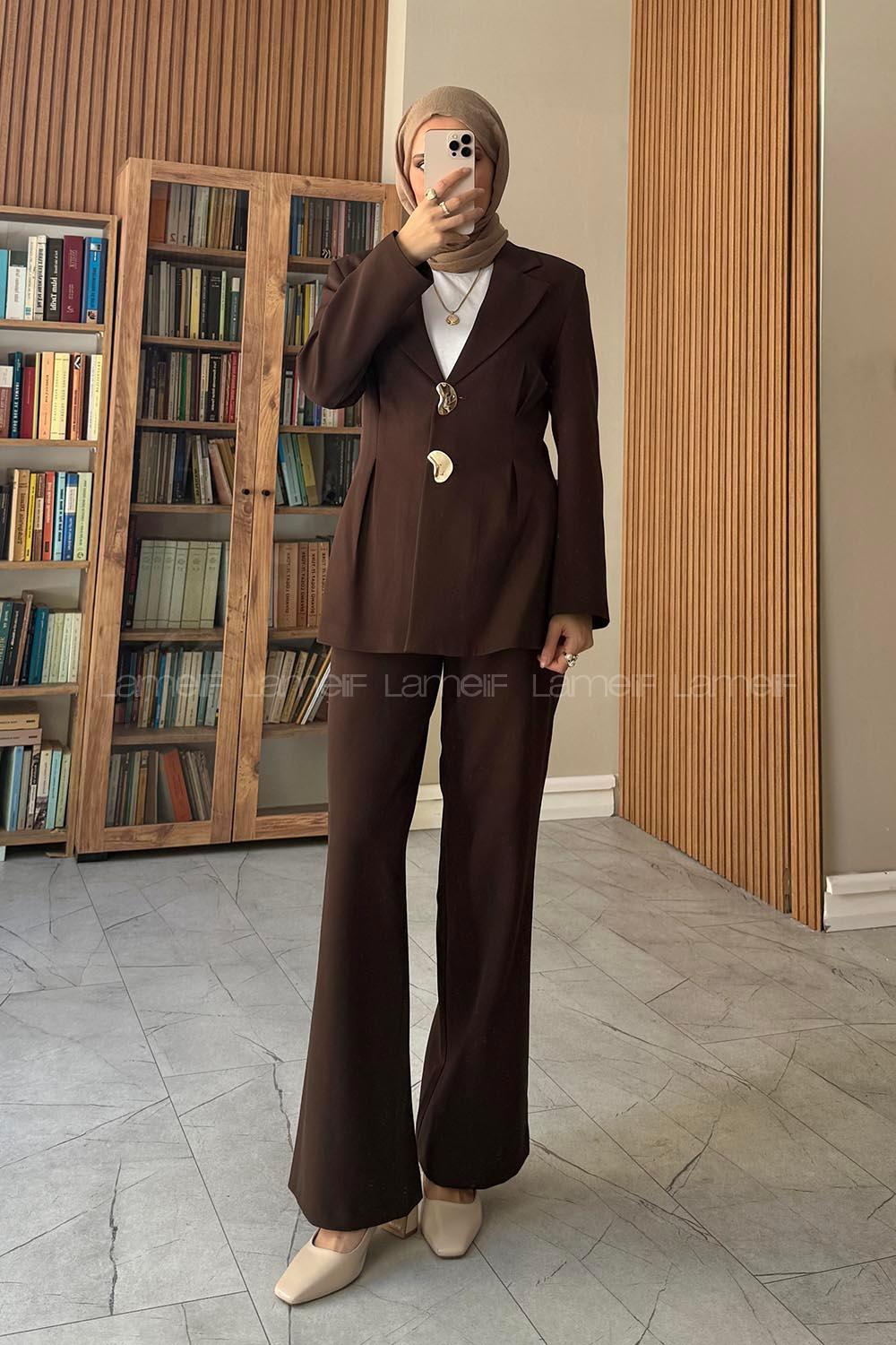 Brown Jacket Collar Long Arm Buttoned Regular Trousers Suit