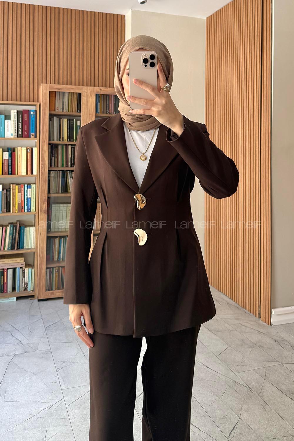 Brown Jacket Collar Long Arm Buttoned Regular Trousers Suit