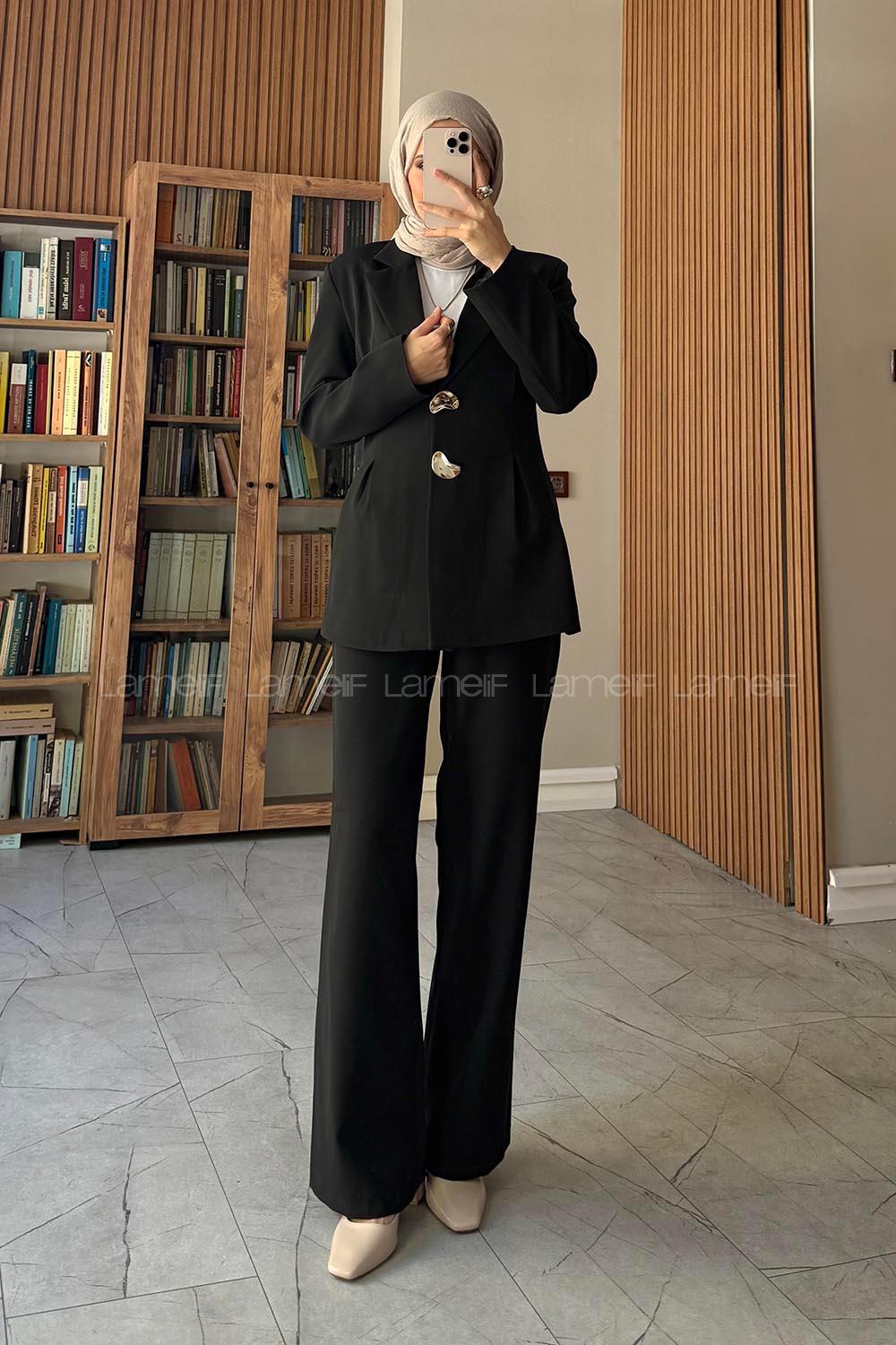 Black Jacket Collar Long Arm Buttoned Regular Trousers Suit
