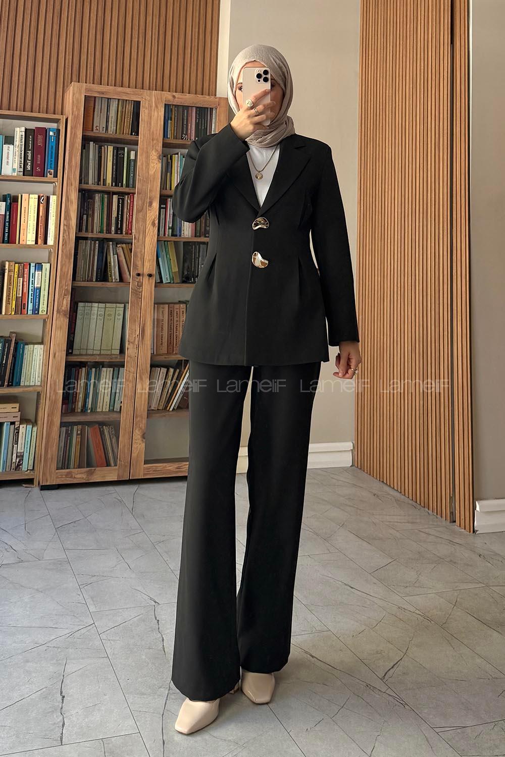 Black Jacket Collar Long Arm Buttoned Regular Trousers Suit