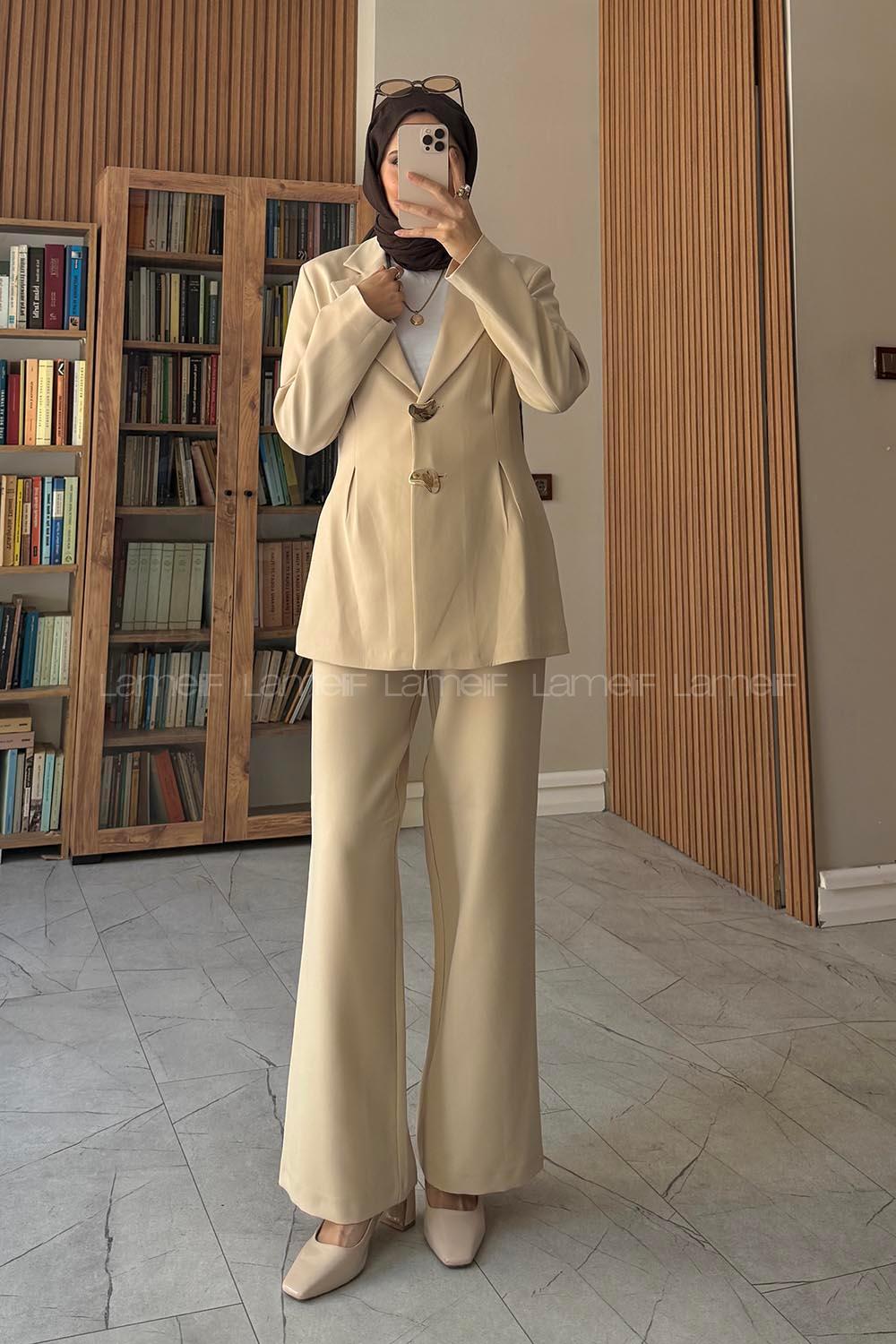 Stone Jacket Collar Long Arm Buttoned Regular Trousers Suit