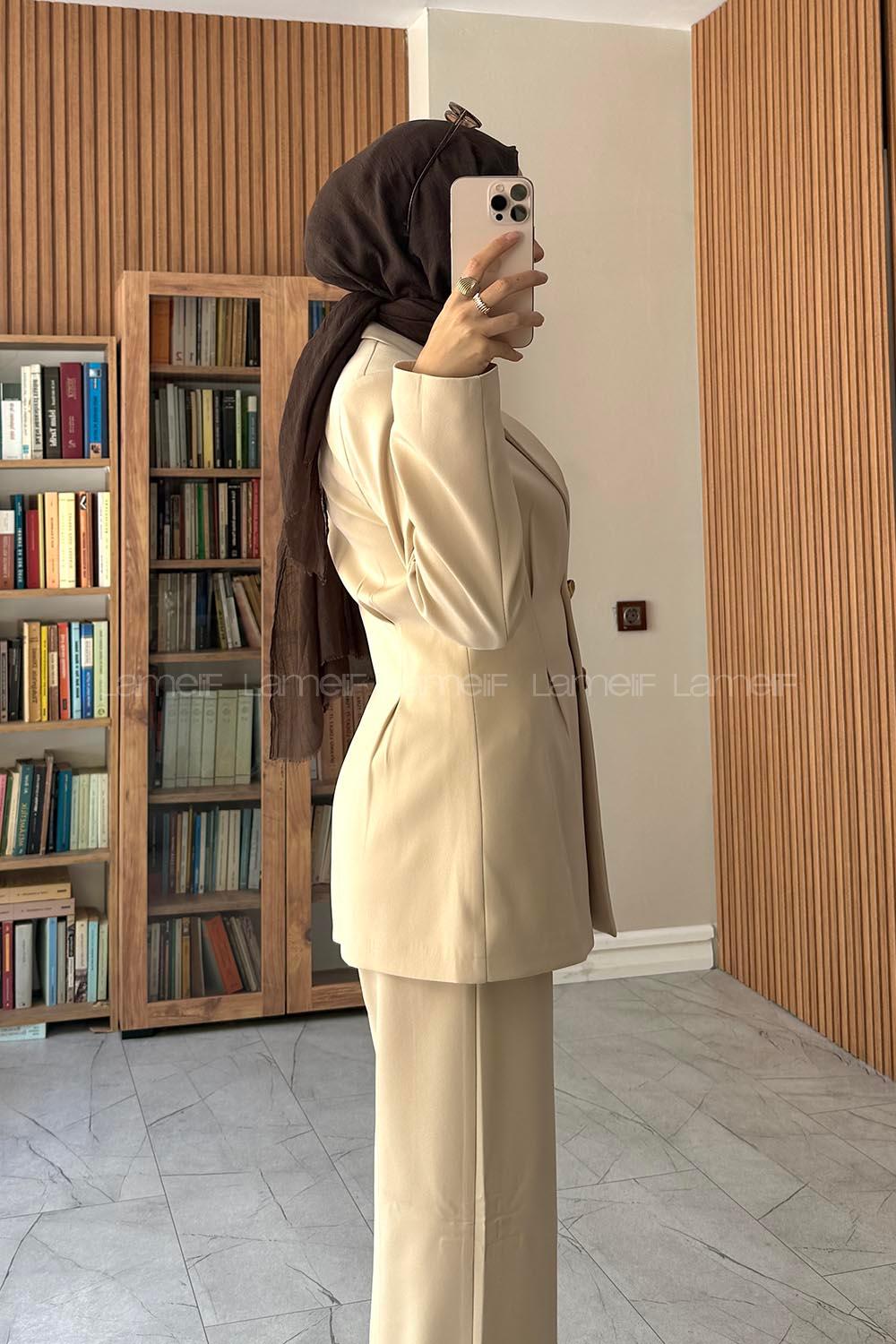 Stone Jacket Collar Long Arm Buttoned Regular Trousers Suit