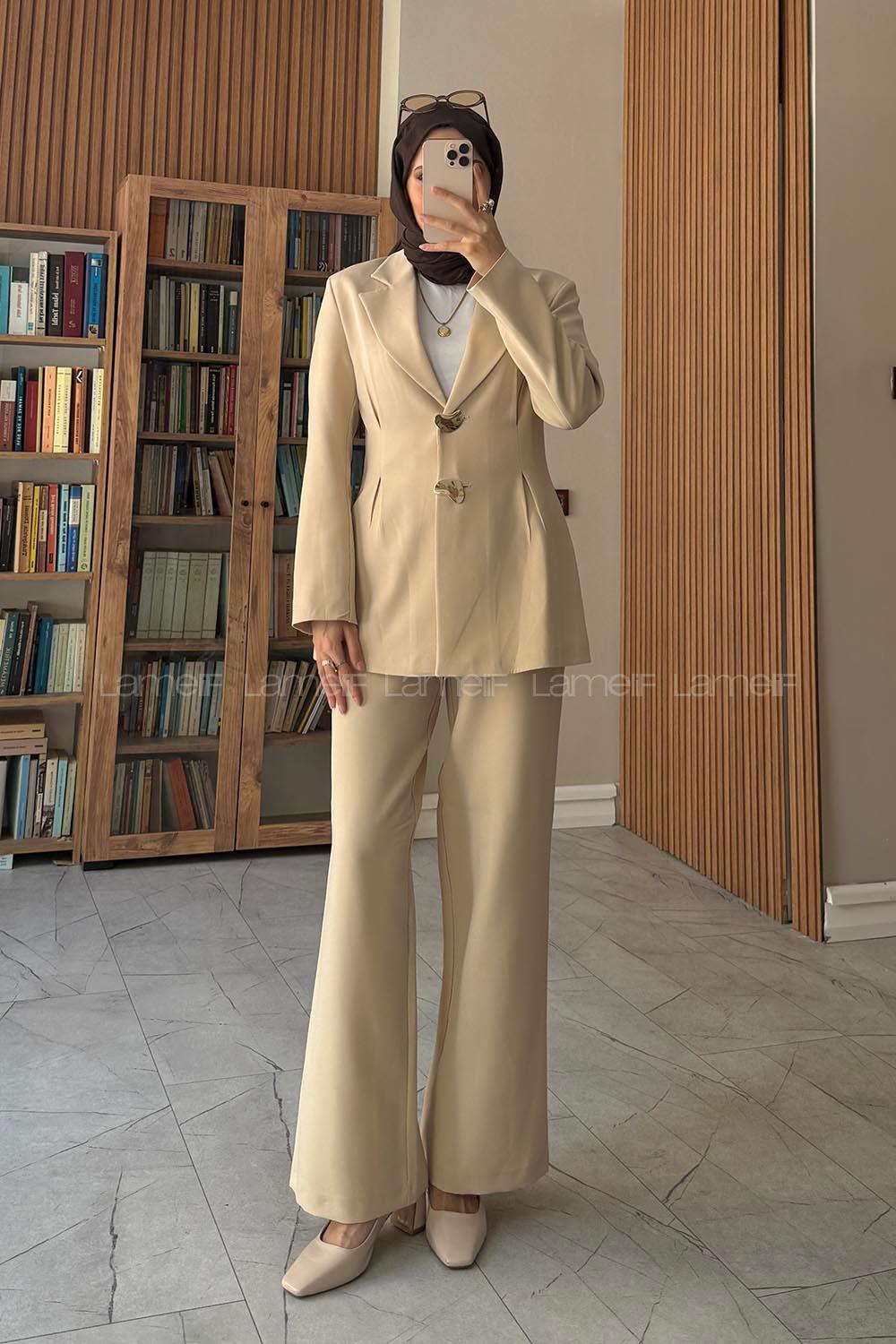Stone Jacket Collar Long Arm Buttoned Regular Trousers Suit