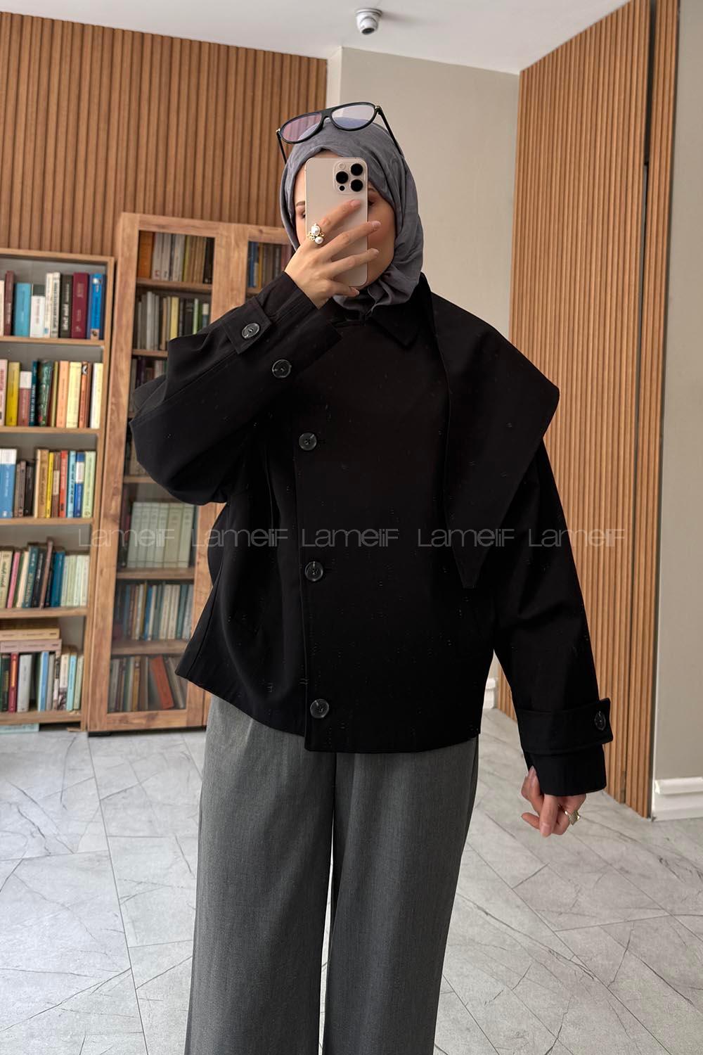 Lamelif Gömlek Yaka Şal Detaylı Kısa Trenç Siyah