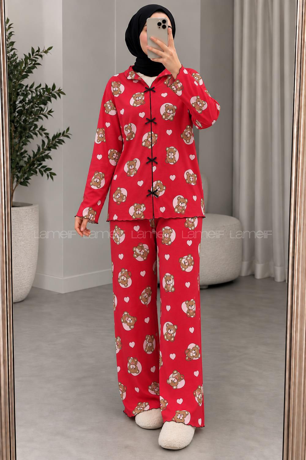 Lamelif Kırmızı Ayıcıklı Fiyonk Detaylı Pijama Takımı