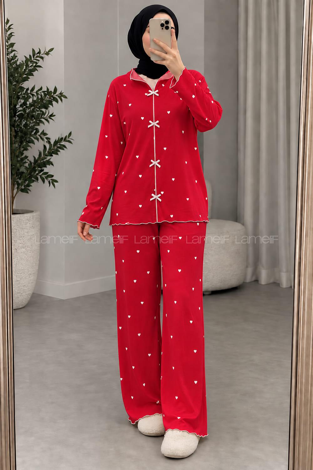 Lamelif Kırmızı Kalp Desenli Fiyonk Detaylı Pijama Takımı