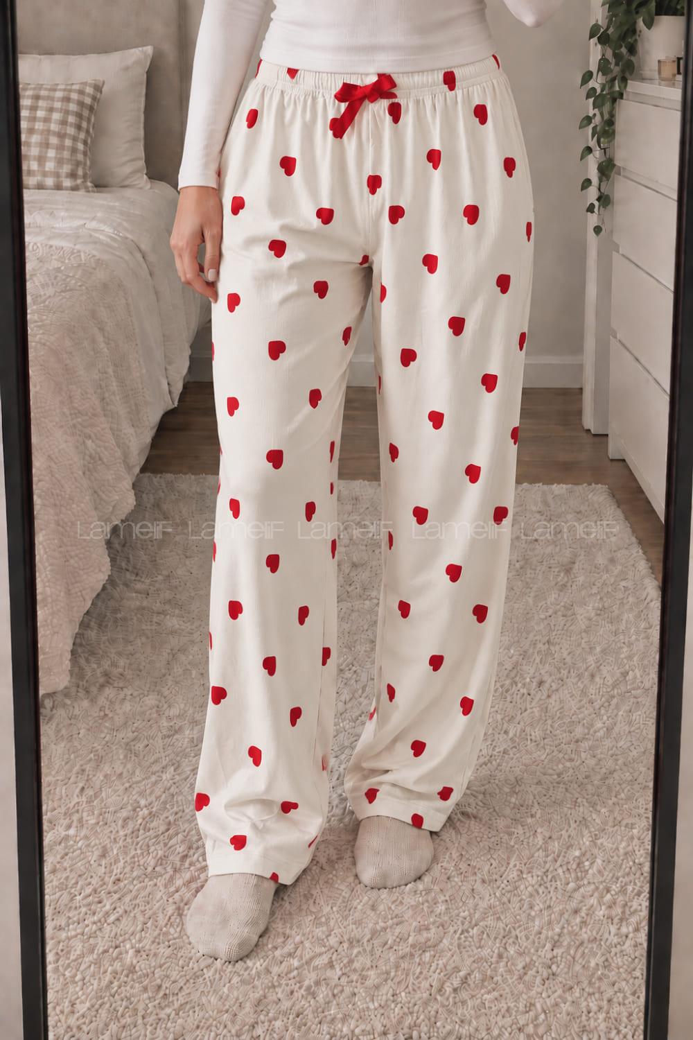 Lamelif Milan Kumaş Beyaz-Kırmızı Kalp Desenli Pijama Altı