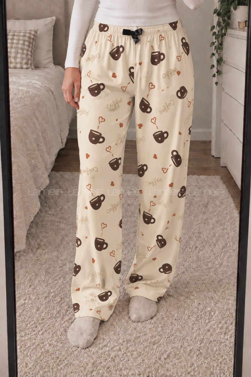 Lamelif Milan Kumaş  Kahve  Coffee  Cup Desenli Pijama Altı
