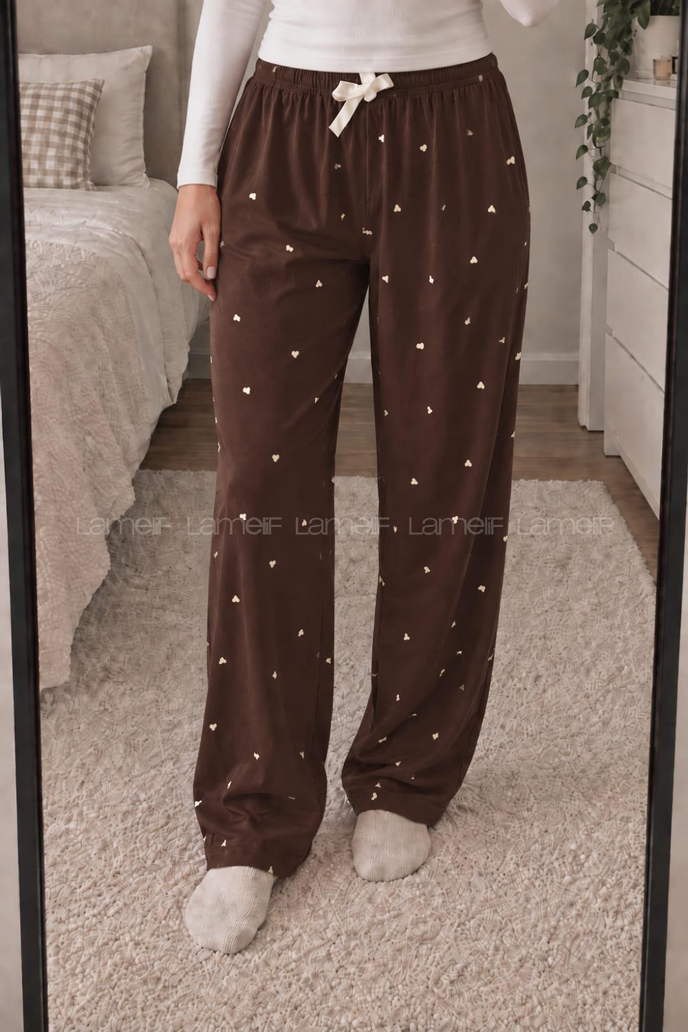 Lamelif Milan Kumaş Kahve Krem Kalp Desenli Pijama Altı