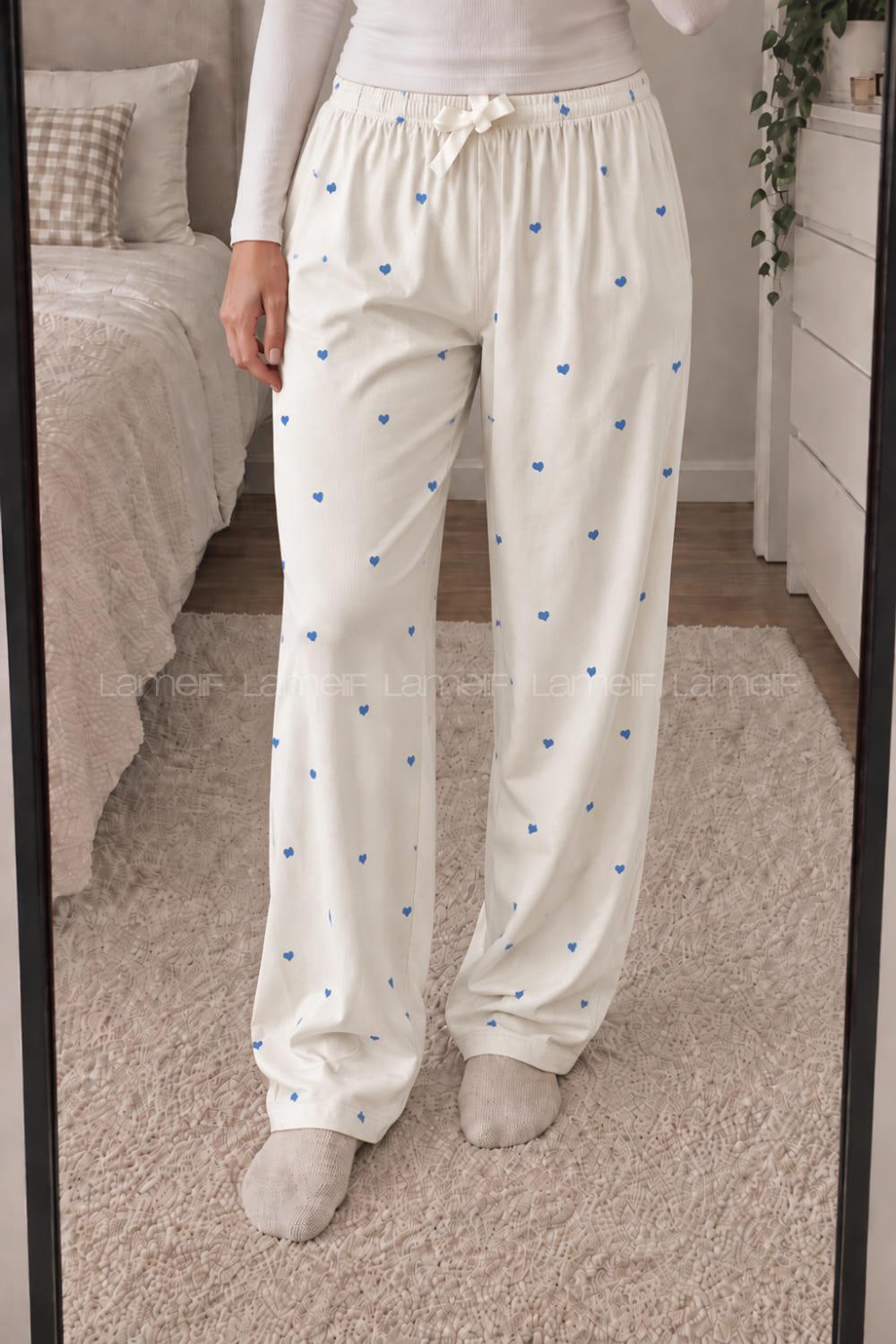 Lamelif Milan Kumaş Mavi Kalp Desenli Pijama Altı