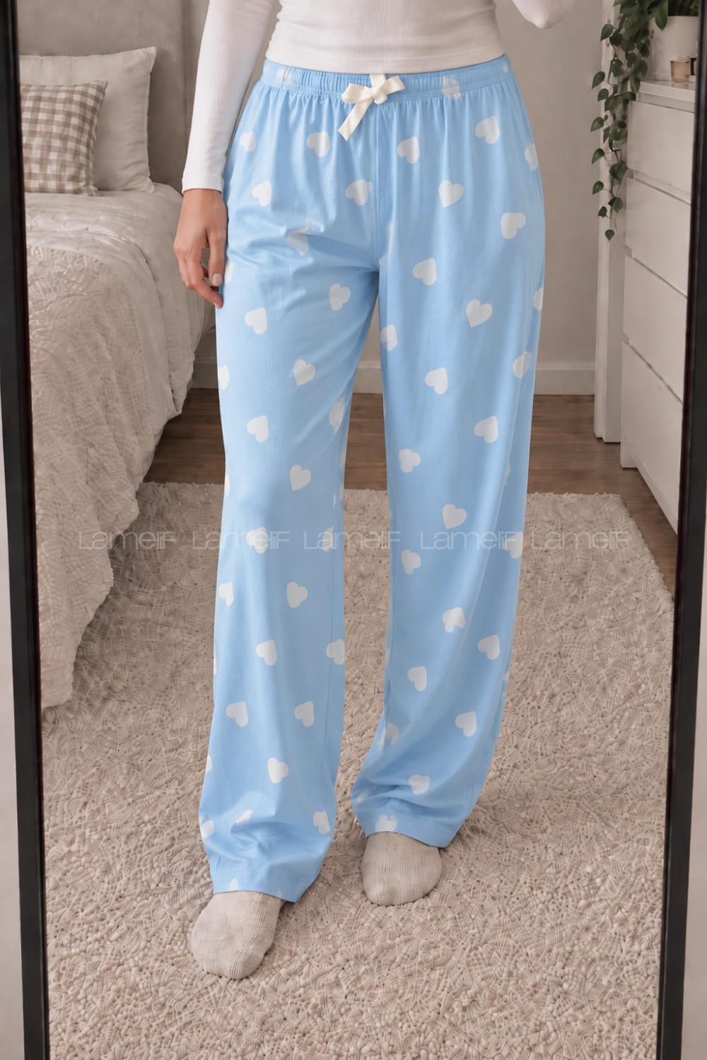 Lamelif Milan Kumaş Mavi Kalp Desenli Pijama Altı
