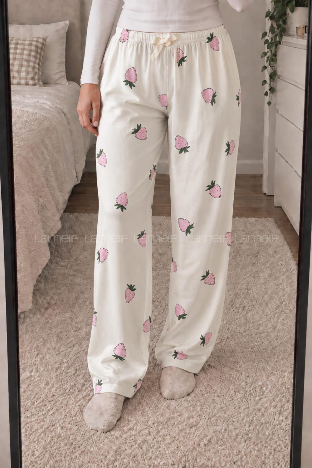 Lamelif Milan Kumaş Pembe Çilek Desenli Pijama Altı
