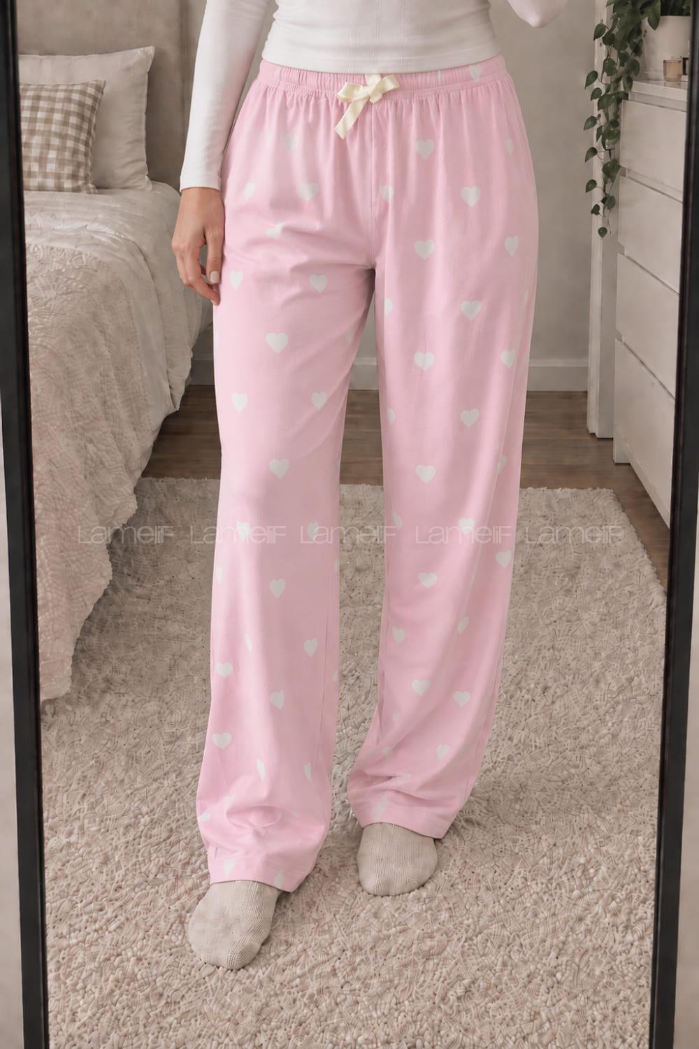 Lamelif Milan Kumaş Pembe Ekru Kalp Desenli Pijama Altı