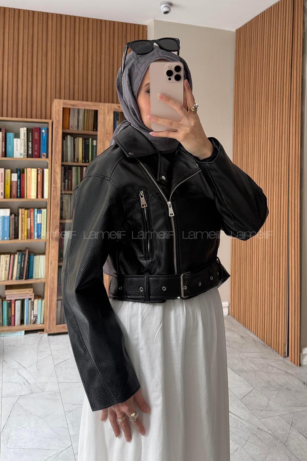 Lamelif Suni Deri Kemerli Ceket Siyah