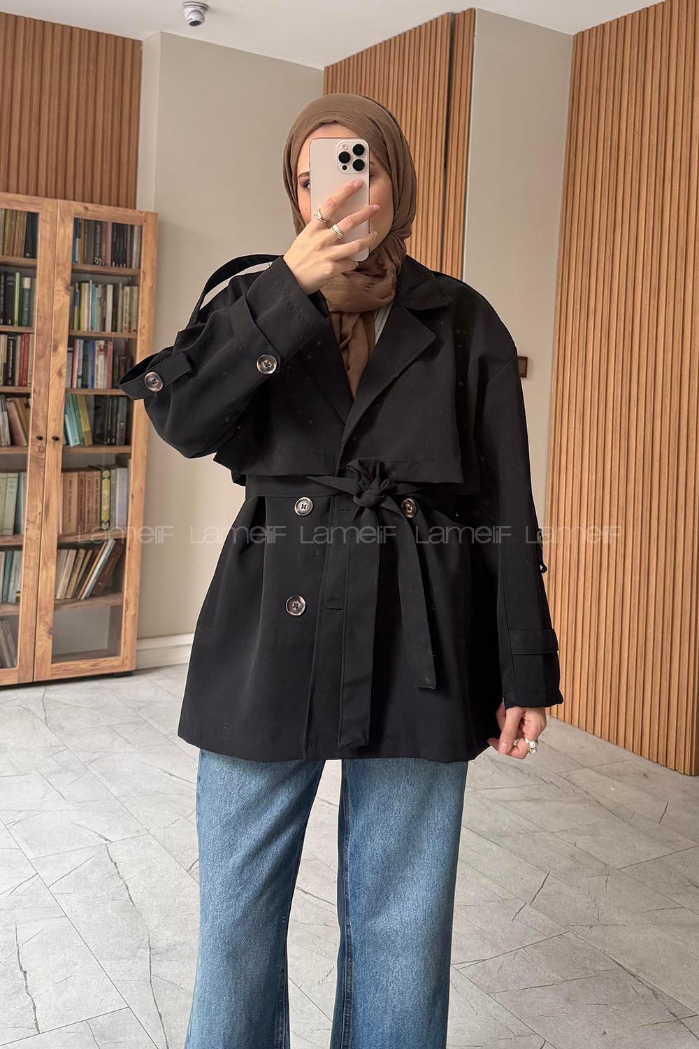 Lamelif Pelerinli Kısa Trençkot Siyah