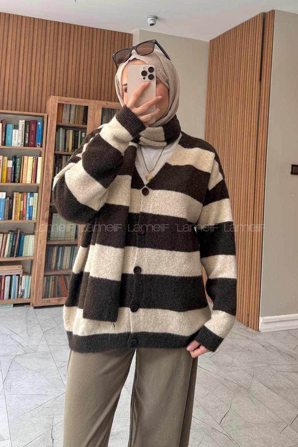 Lamelif Şal Detaylı Yumoş Hırka Kahverengi