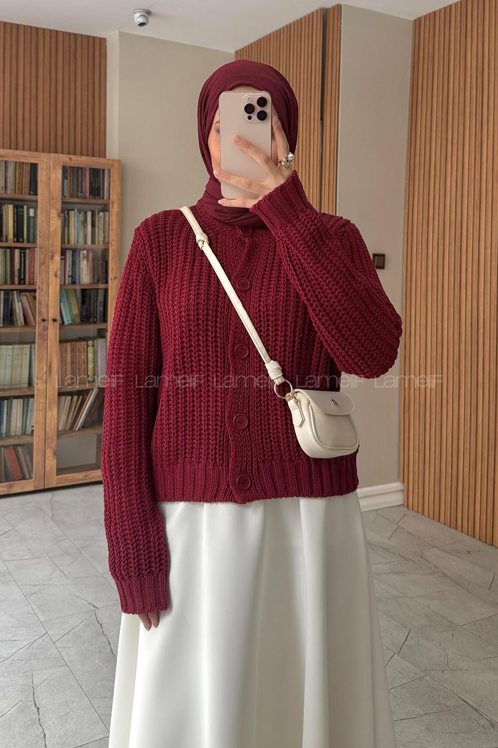 Lamelif Selanik Örgü Hırka Bordo