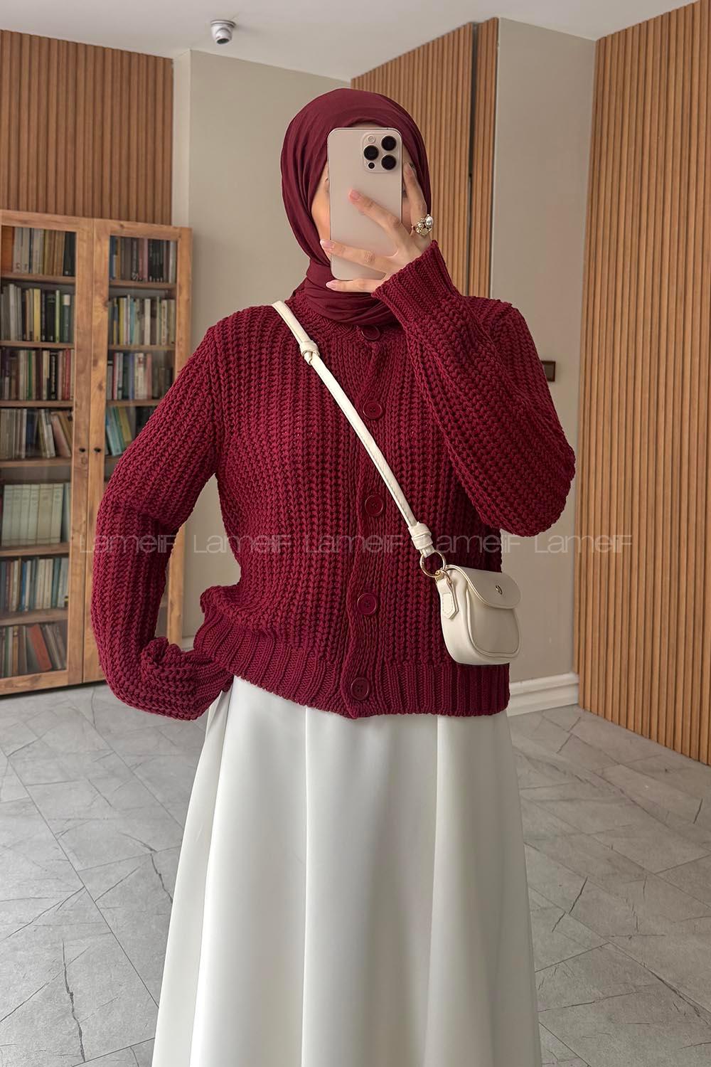 Lamelif Selanik Örgü Hırka Bordo