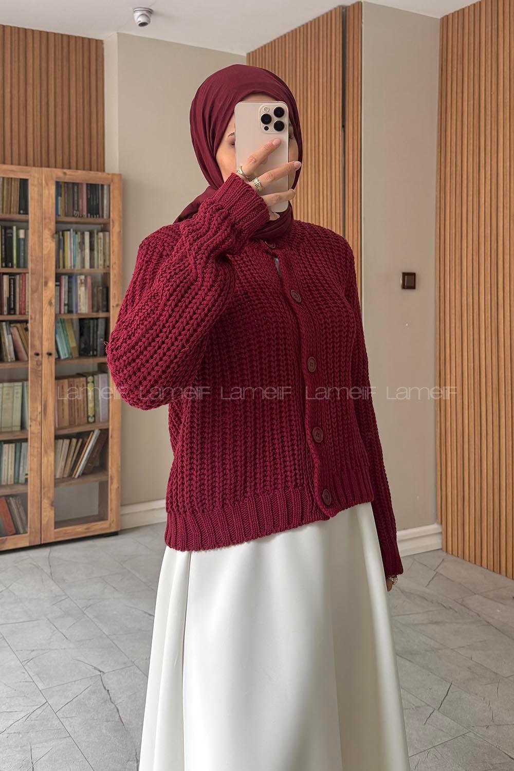 Lamelif Selanik Örgü Hırka Bordo