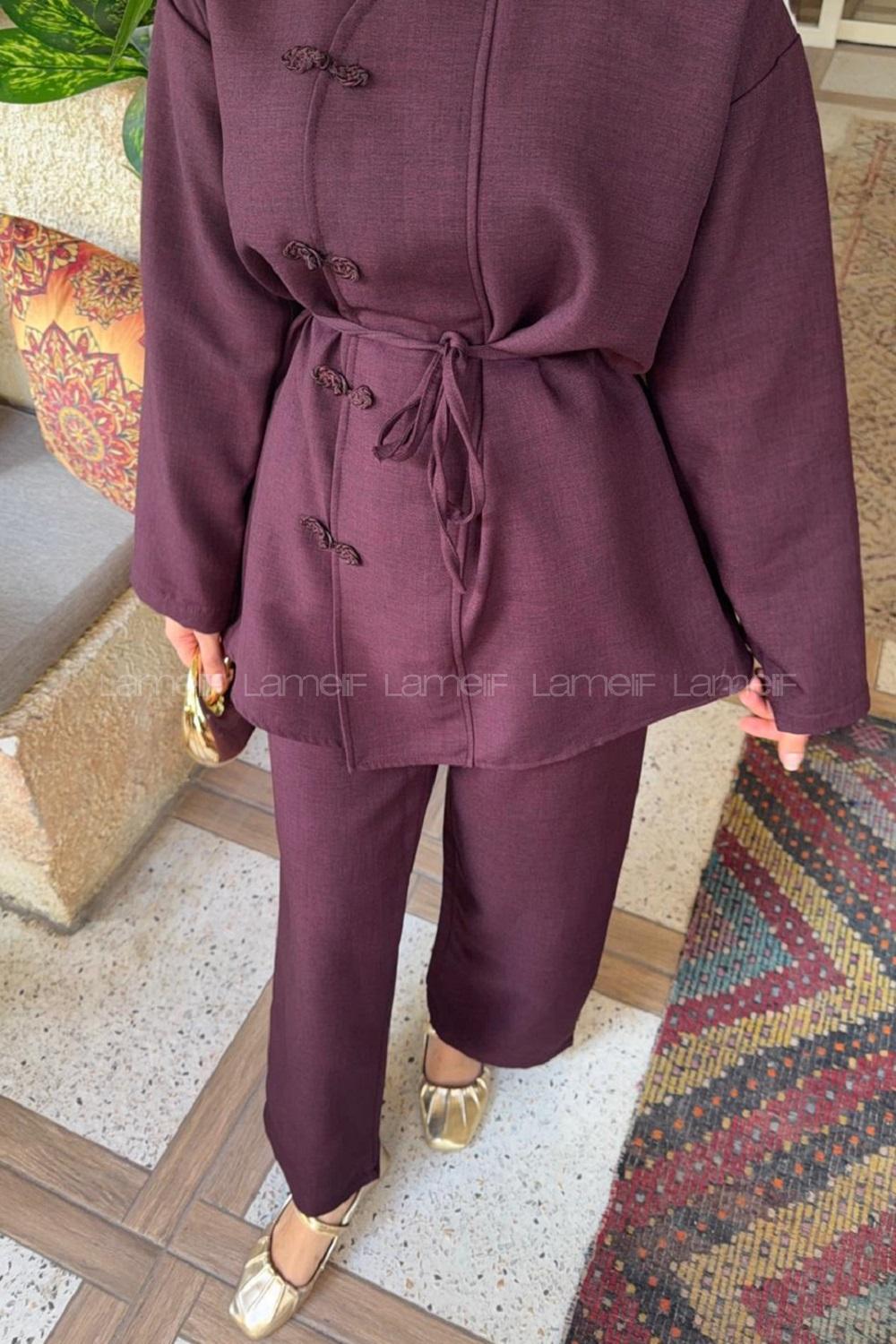 Lamelif Birit Detaylı Pantolonlu Keten Takım Mürdüm