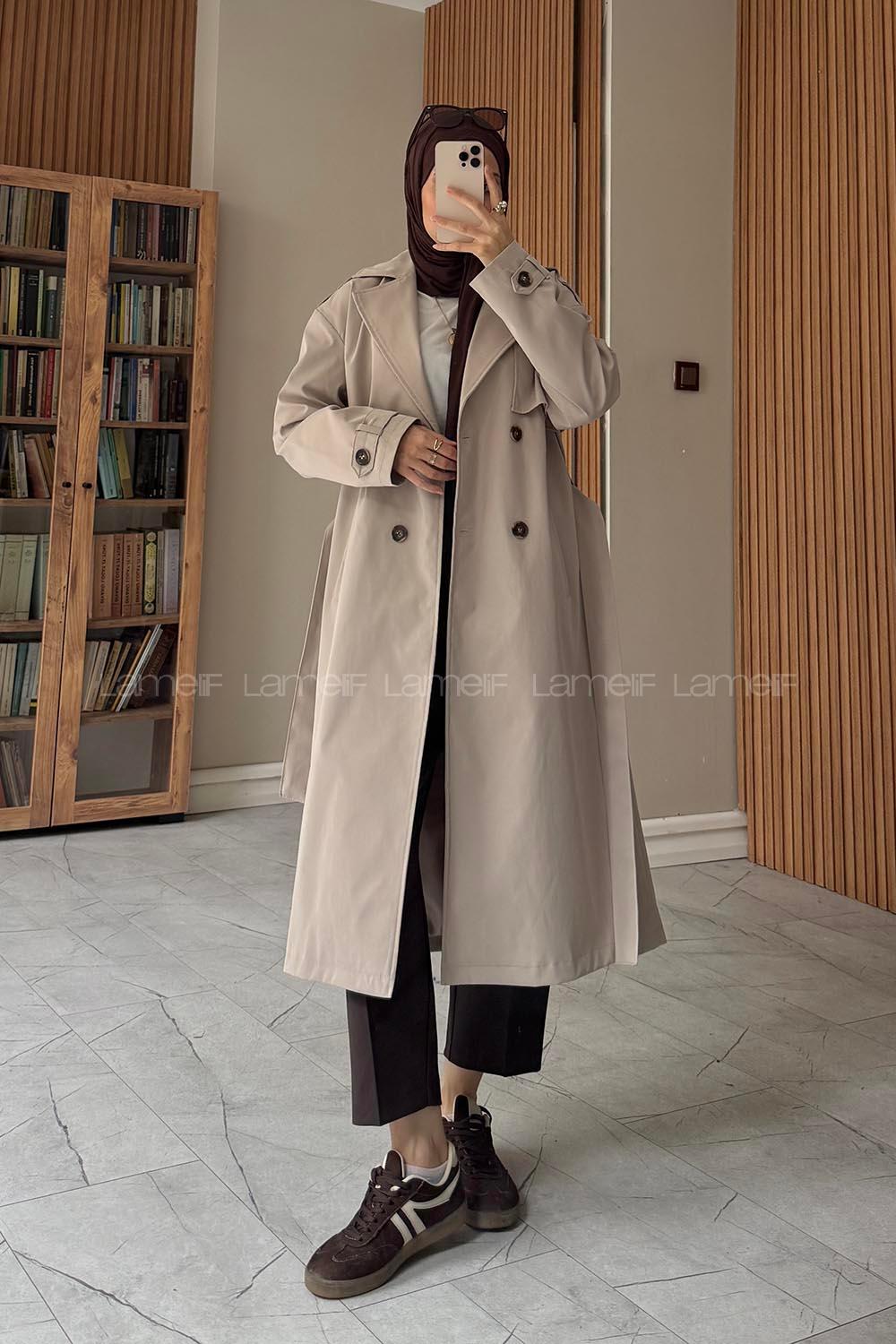 Lamelif Pelerin Detaylı Omuz Apoletli Trençkot Taş Rengi
