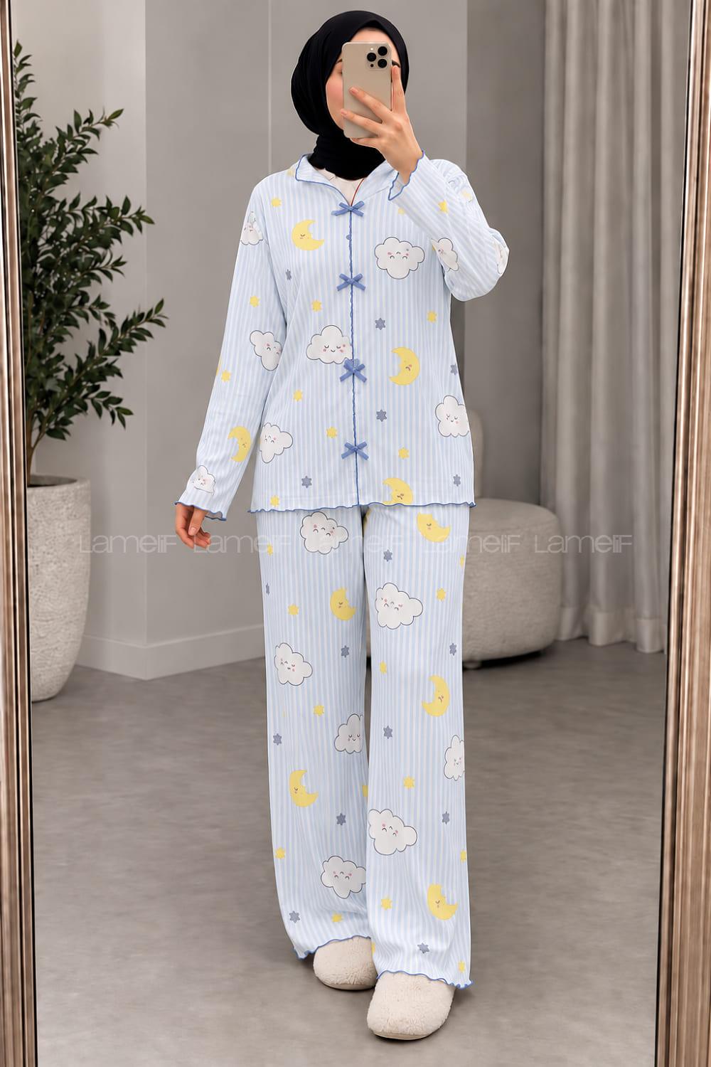 Lamelif Bulut Desenli Fiyonk Detaylı Pijama Takımı