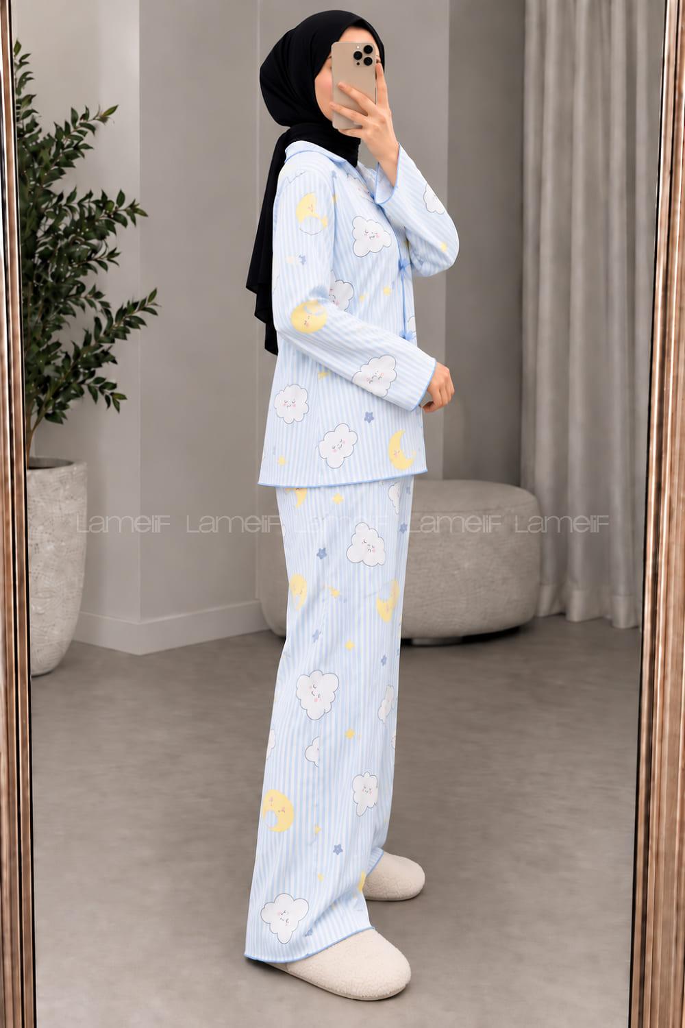 Lamelif Bulut Desenli Fiyonk Detaylı Pijama Takımı